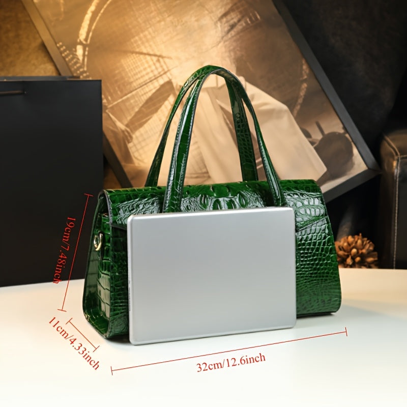 Vintage Crocodile Pattern Leather Handbag with Shoulder Strap & Wristlet