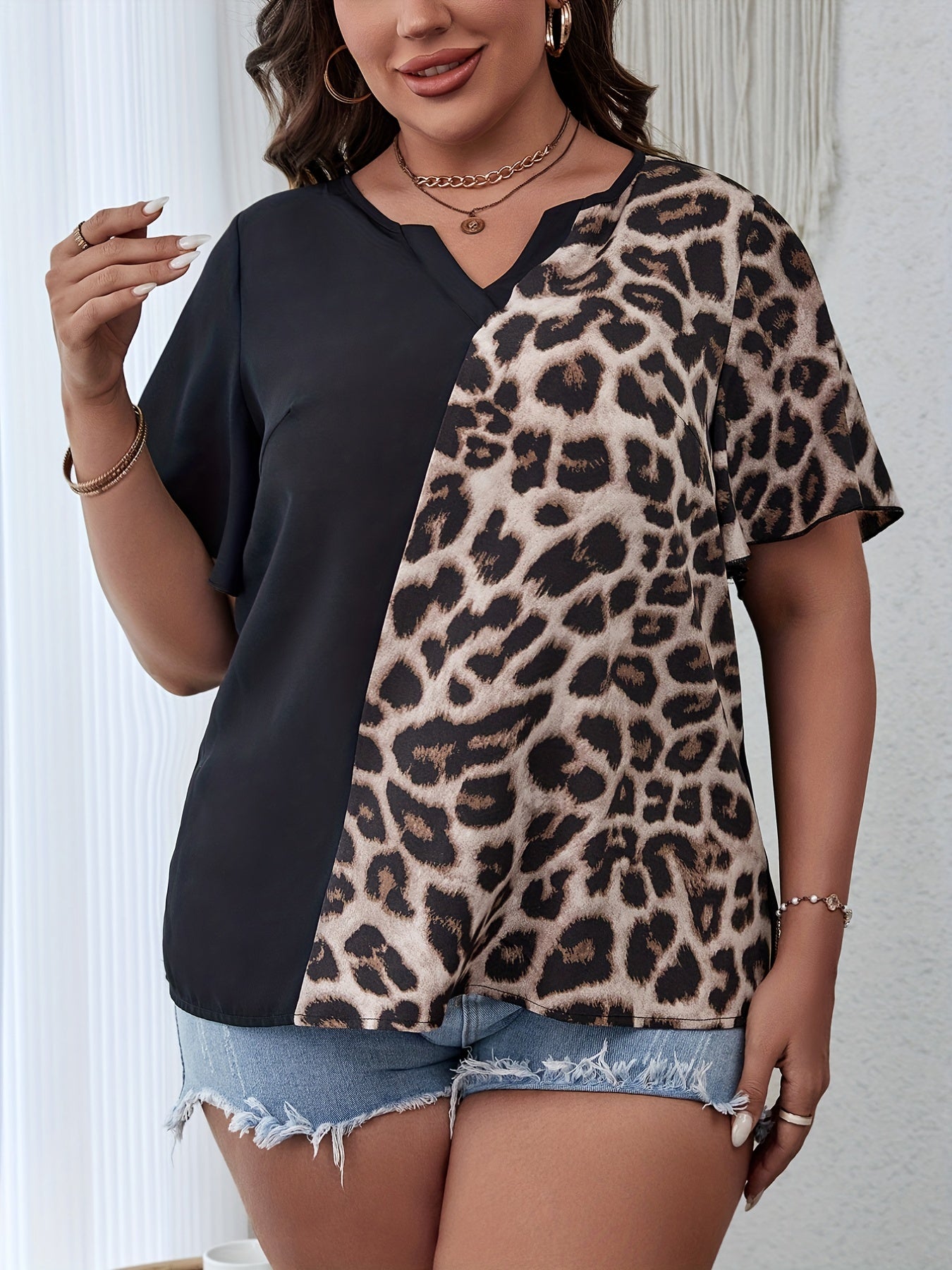  Colorblock Leopard Print Short Sleeve Top
