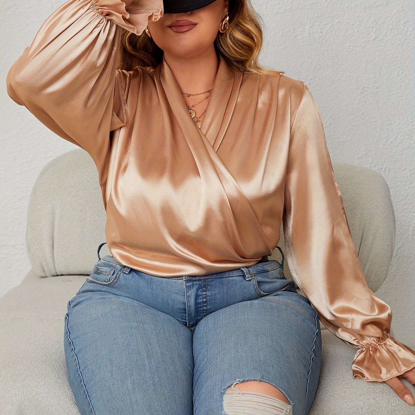  Surplice Neck Satin Blouse Ruched Sleeve Top
