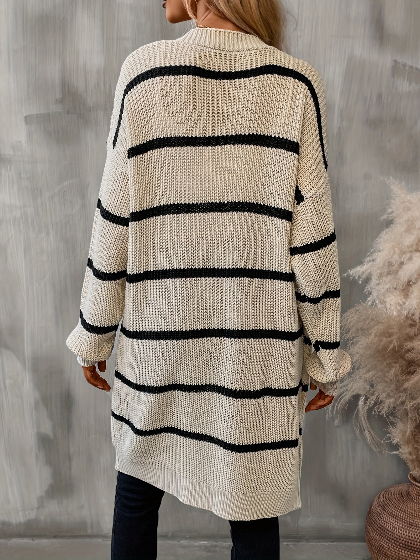 Striped Open Front Drop Shoulder Cardigan Casual Long Sleeve Cardigan