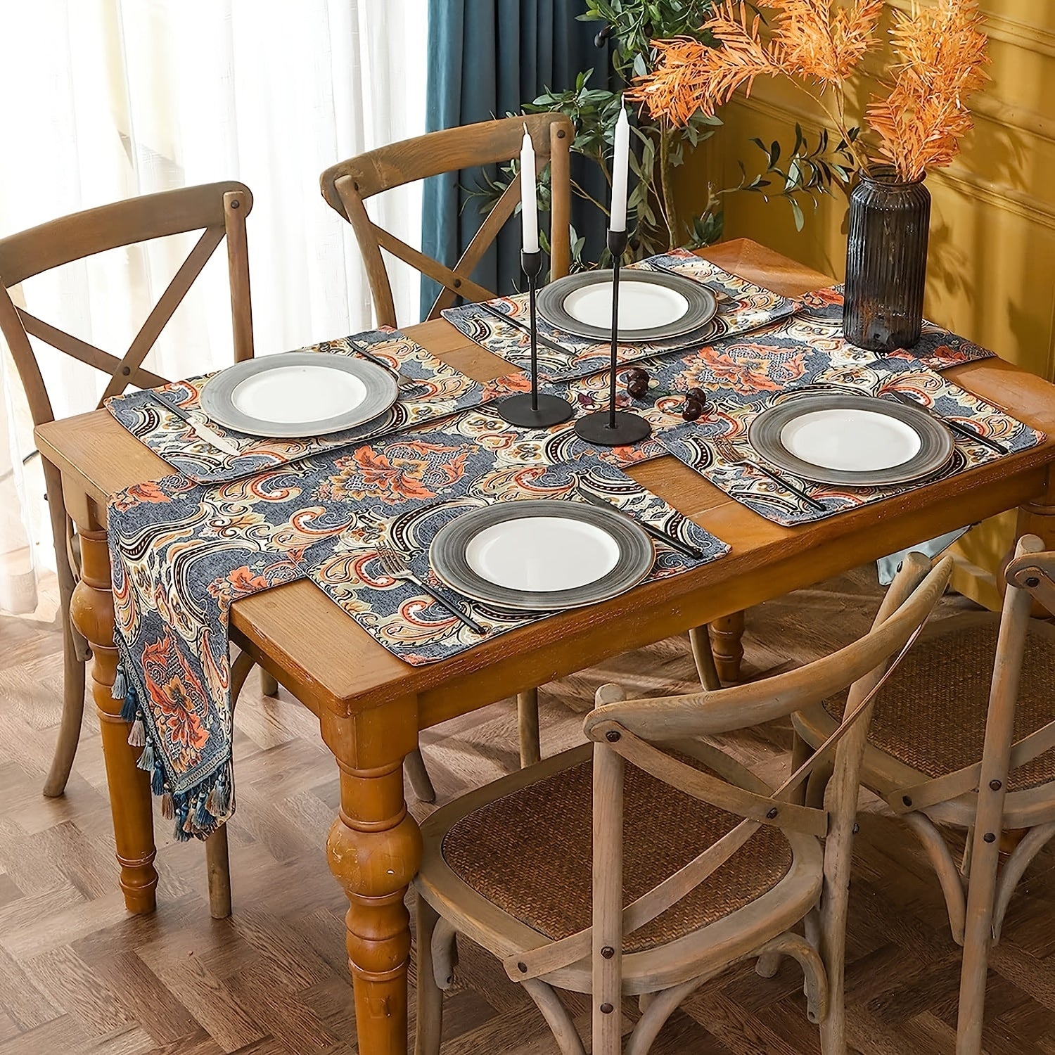 Ethnic Table Runner Floral Jacquard Tassel Dining Runners