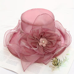 Foldable Sun Hat Flower Decor Organza Derby Hat Lightweight Church Hat