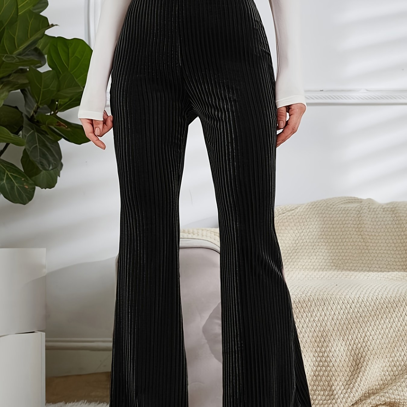  Velvet Ribbed High Rise Flared Leg Trousers