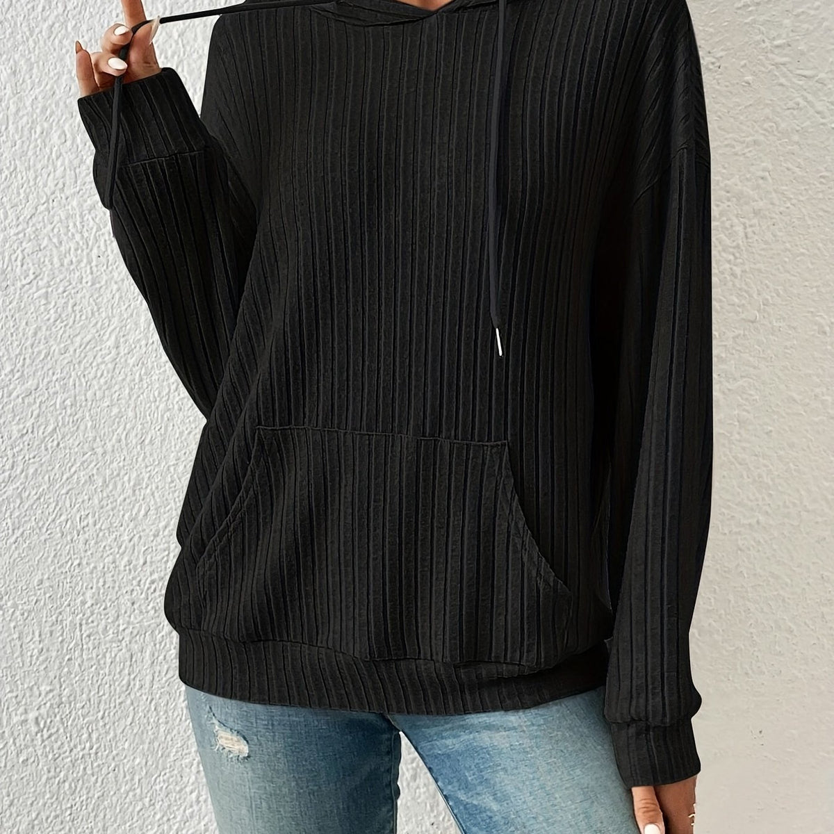 Solid Drawstring Kangaroo Pockets Hoodie Casual Long Sleeve Hoodie