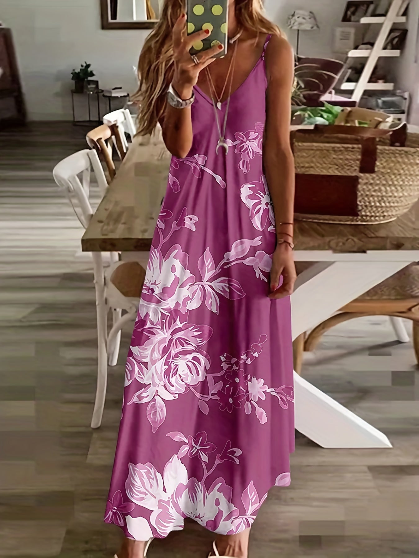  Floral Print Maxi Cami Dress Women's V Neck Slight Stretch