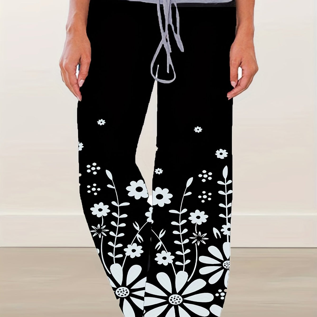 Women's Plus Floral Print High Rise Drawstring Loose Pants