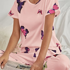 Butterfly Print Pajama Set Short Sleeve Top & Elastic Waistband Pants
