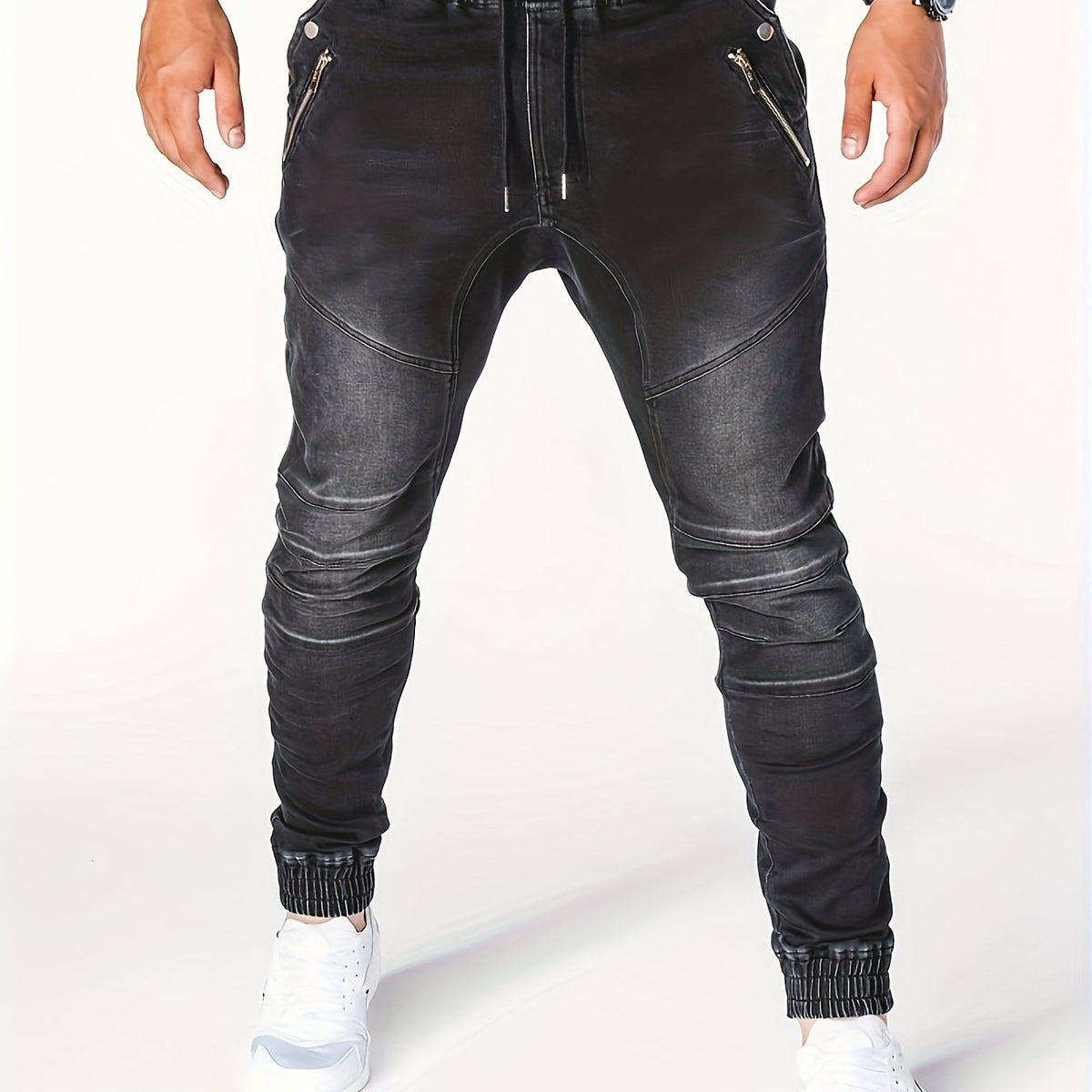 Men's Denim Cargo Pants Zip Pockets Jogger Pants