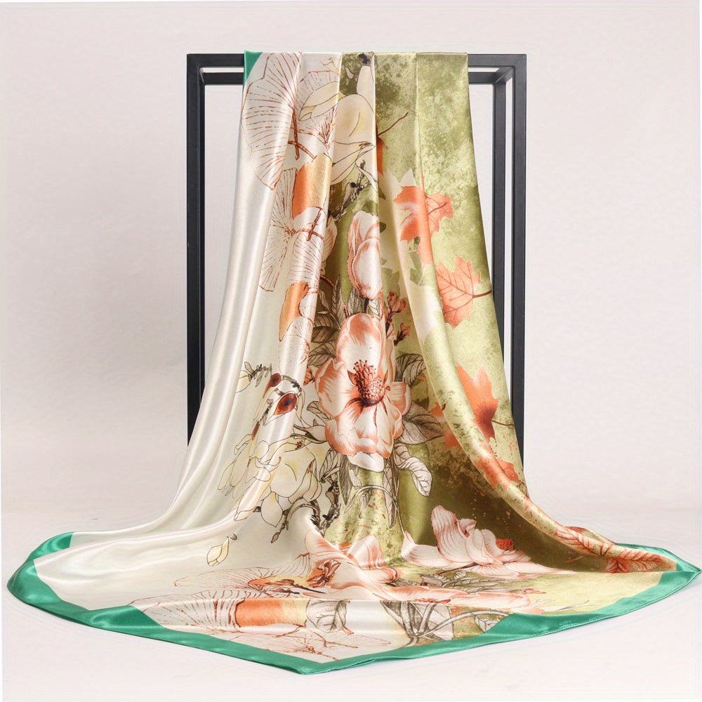 Classic Flower Print Satin Bandana Shawl Silk Square Scarf