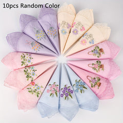Vintage Floral Embroidered Handkerchiefs Soft Pink Beige Light Purple