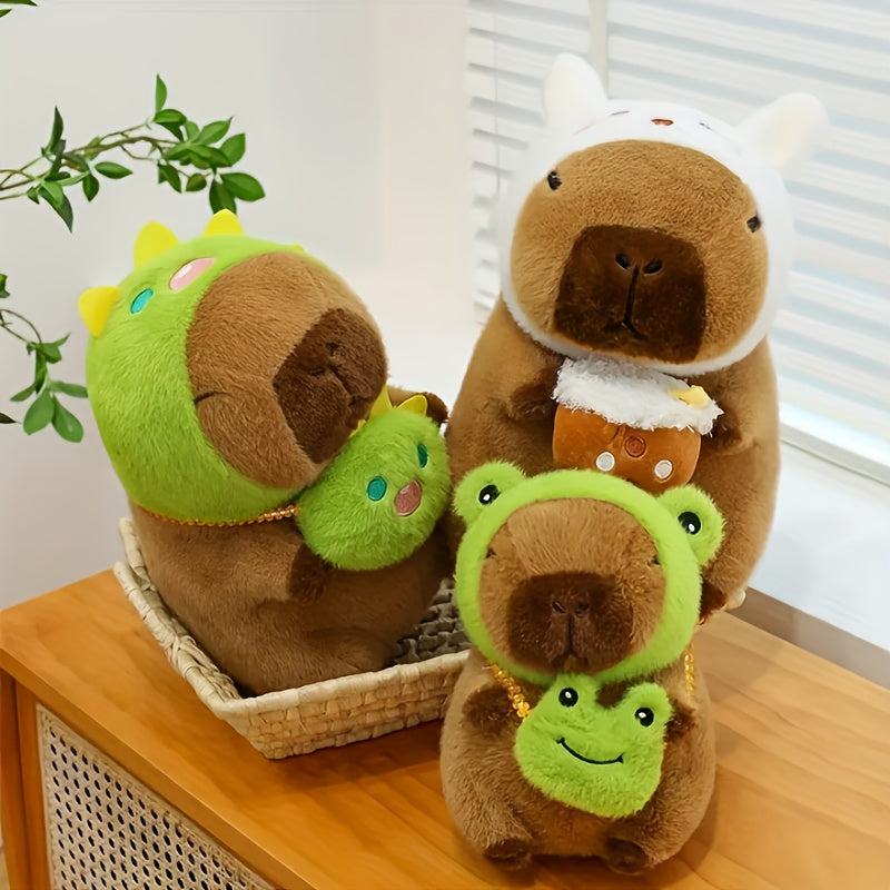 Soft Capybara Plush with Frog Hat & Bag Anime Style Brown & Green Cuddly Doll