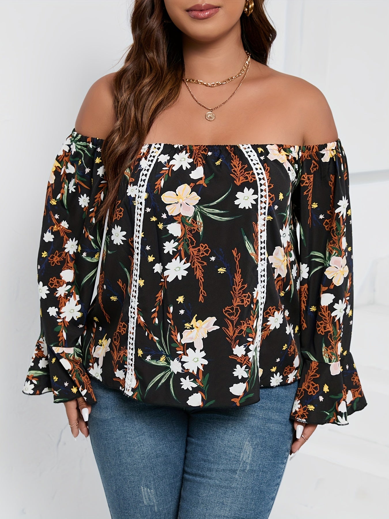  Blouse Women's Plus Floral Print Off Shoulder Bell Sleeve Shirt Top