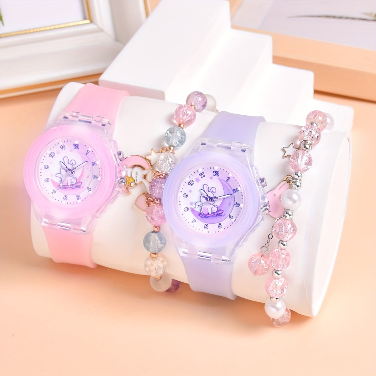 Girls' Rabbit Moon Quartz Watch with LED Glowing, Stretch Bracelet