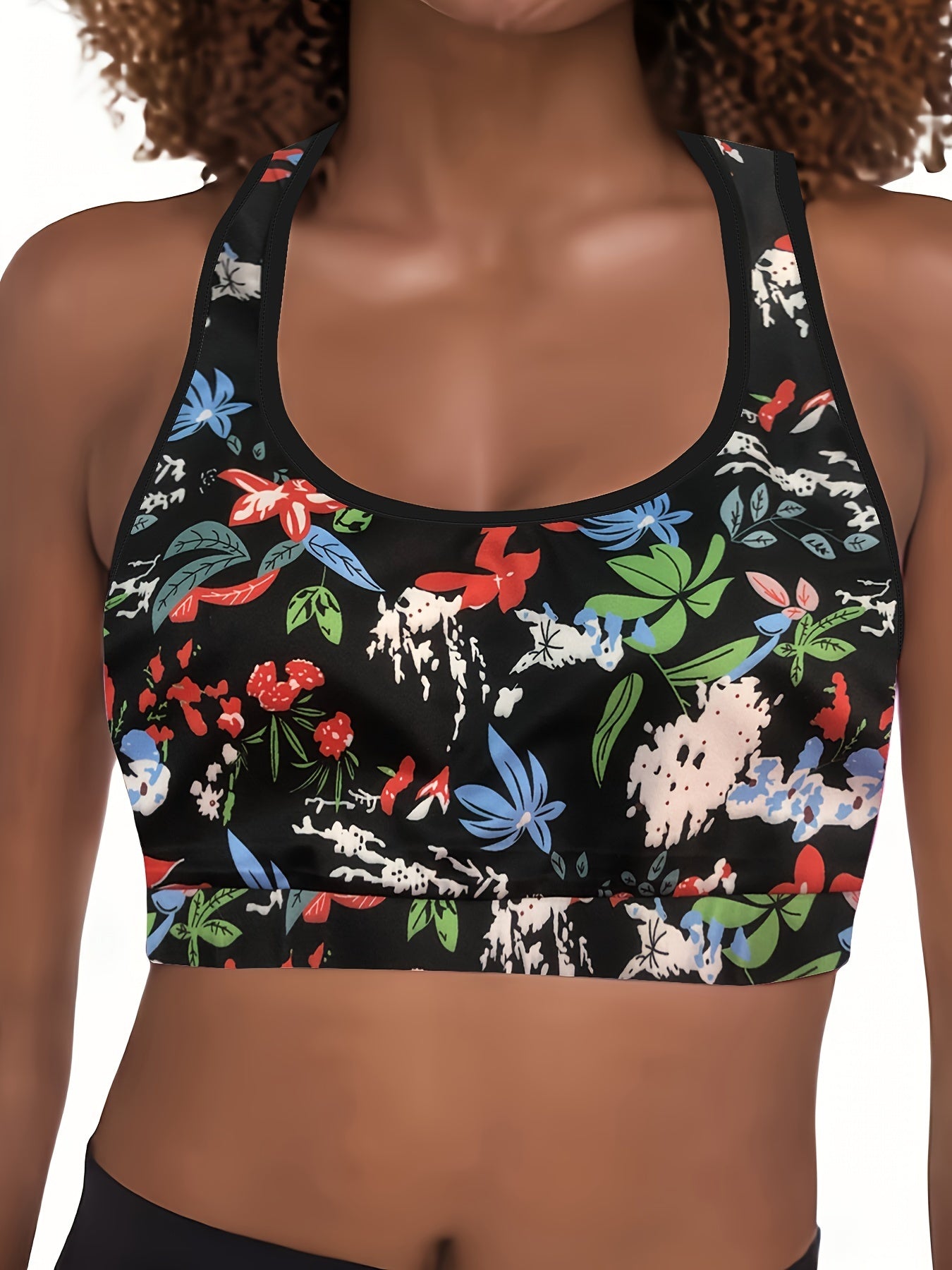Floral Print Plus Size Sports Bra Round Neck Fitness Bra