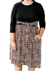  Colorblock Leopard Print Ribbed Long Sleeve Round Neck Dress