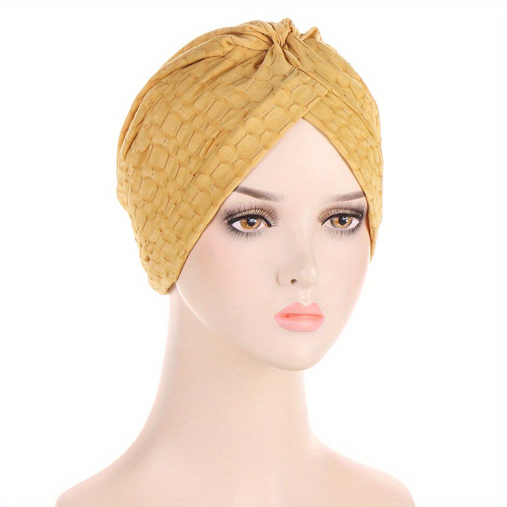 Top Knot Embossed Turban Cap Solid Pleated Head Wrap - Elastic Beanie Head Scarf