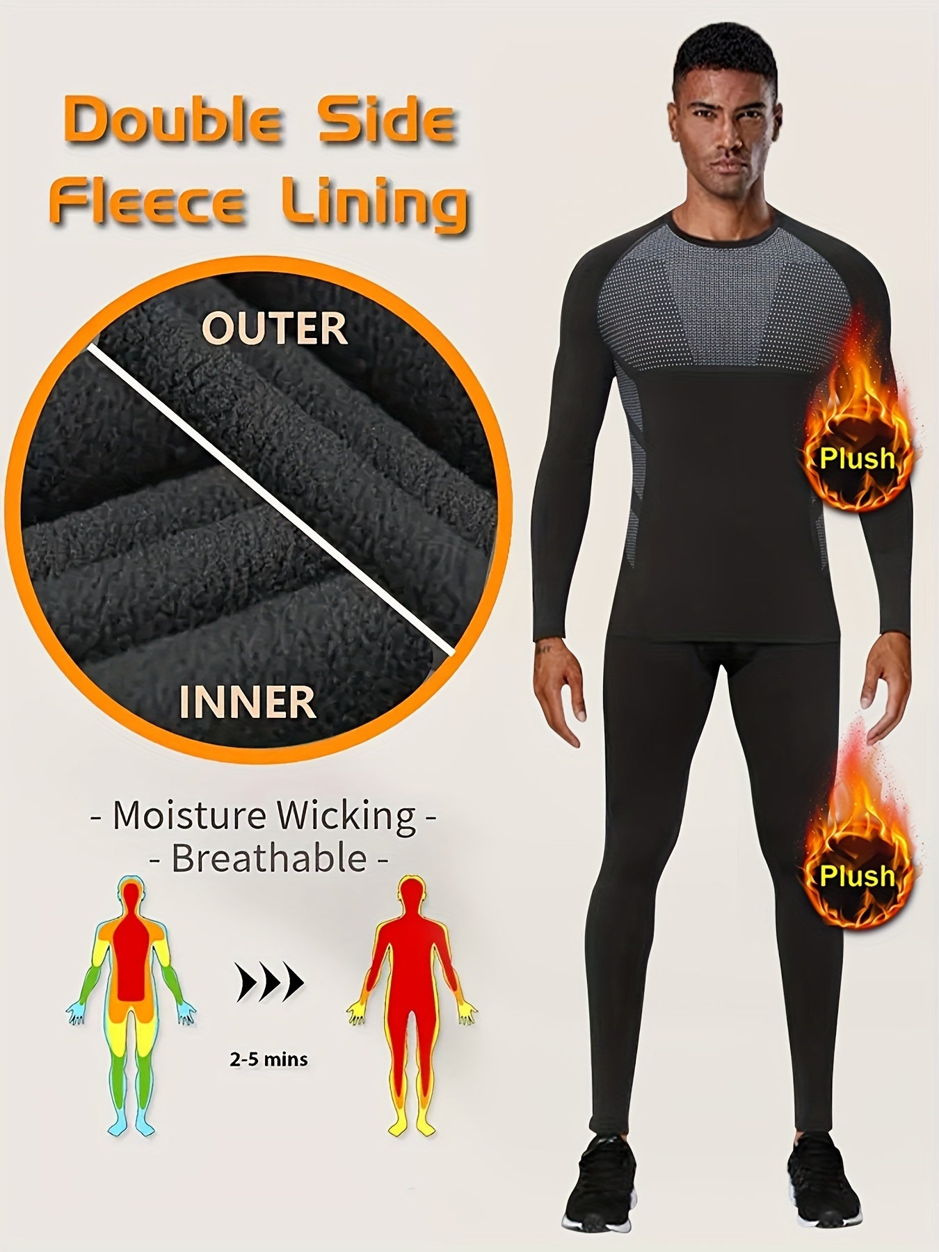 Men's Warm Fleece Underwear Set Sports Fitness Base Layer Long Sleeve Top & Pant