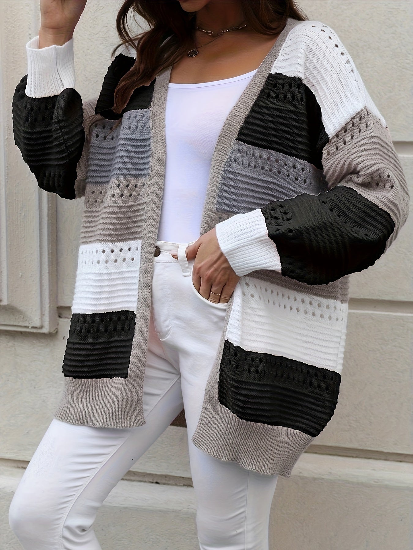  Colorblock Open Front Cardigan
