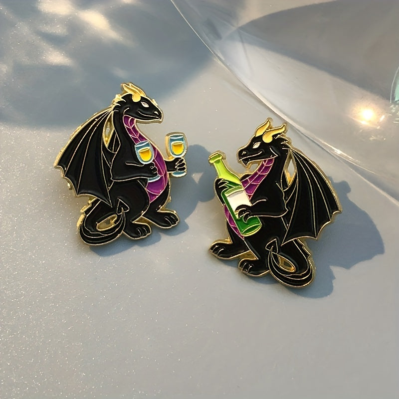 Dragon Wine Enamel Pins Funny Animal Drinking Pattern Brooches Lapel Badges