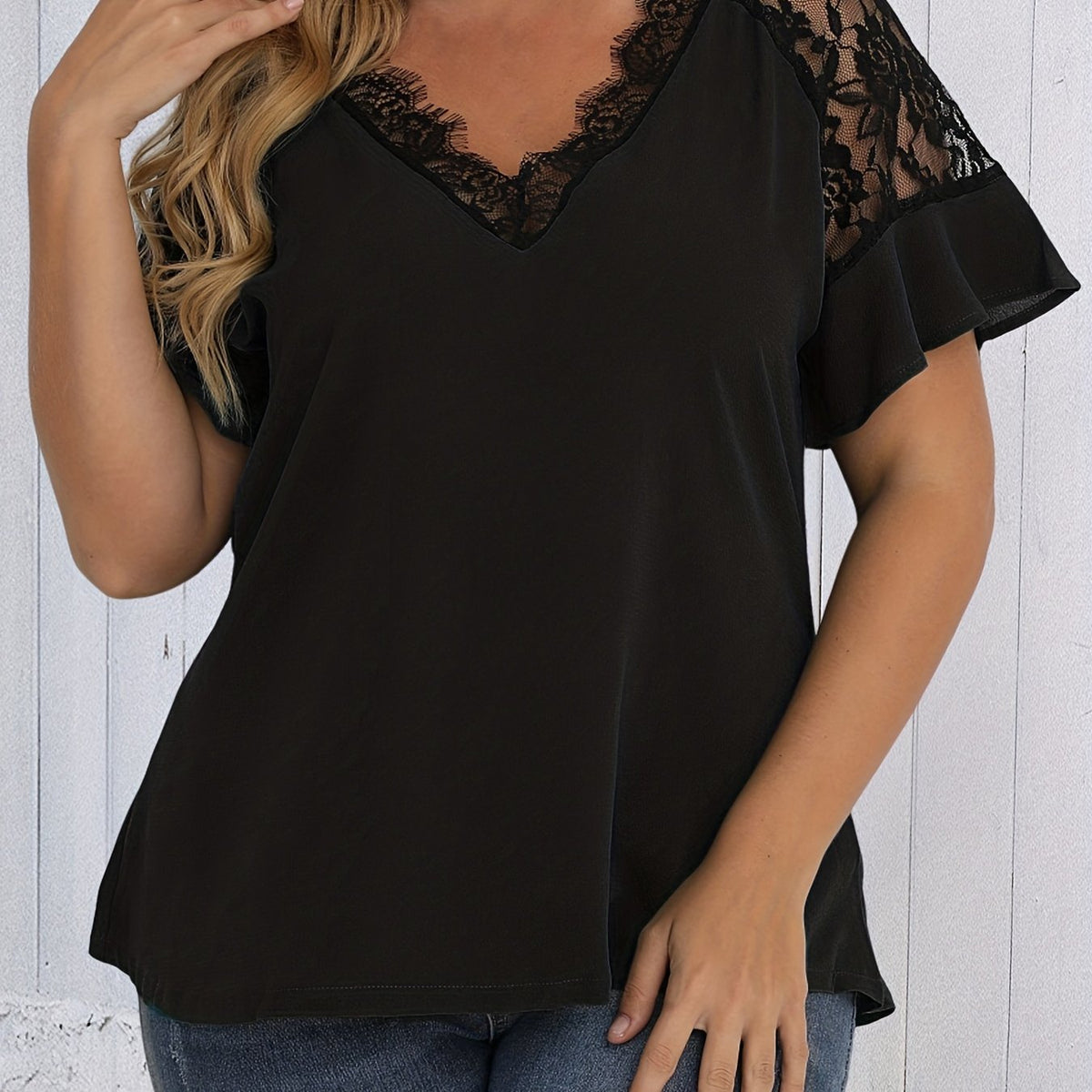  Solid Lace Ruffle Trim Bell Sleeve V Neck Top