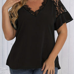  Solid Lace Ruffle Trim Bell Sleeve V Neck Top