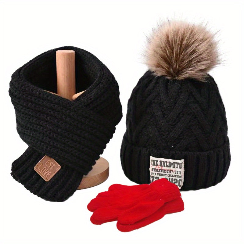 Kids 3pcs Set Plus Velvet Knitted Hat Scarf Gloves