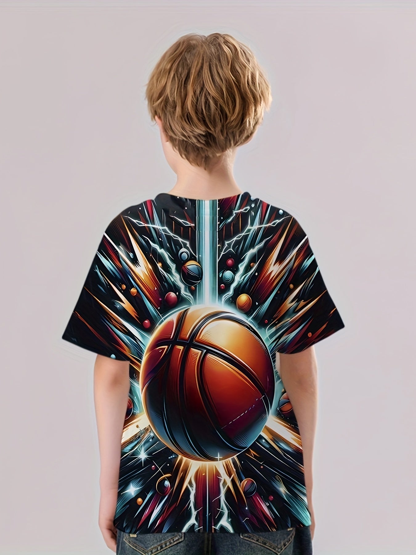 Boy's Basketball Print Casual Tee Short Sleeve Crew Neck T-shirt