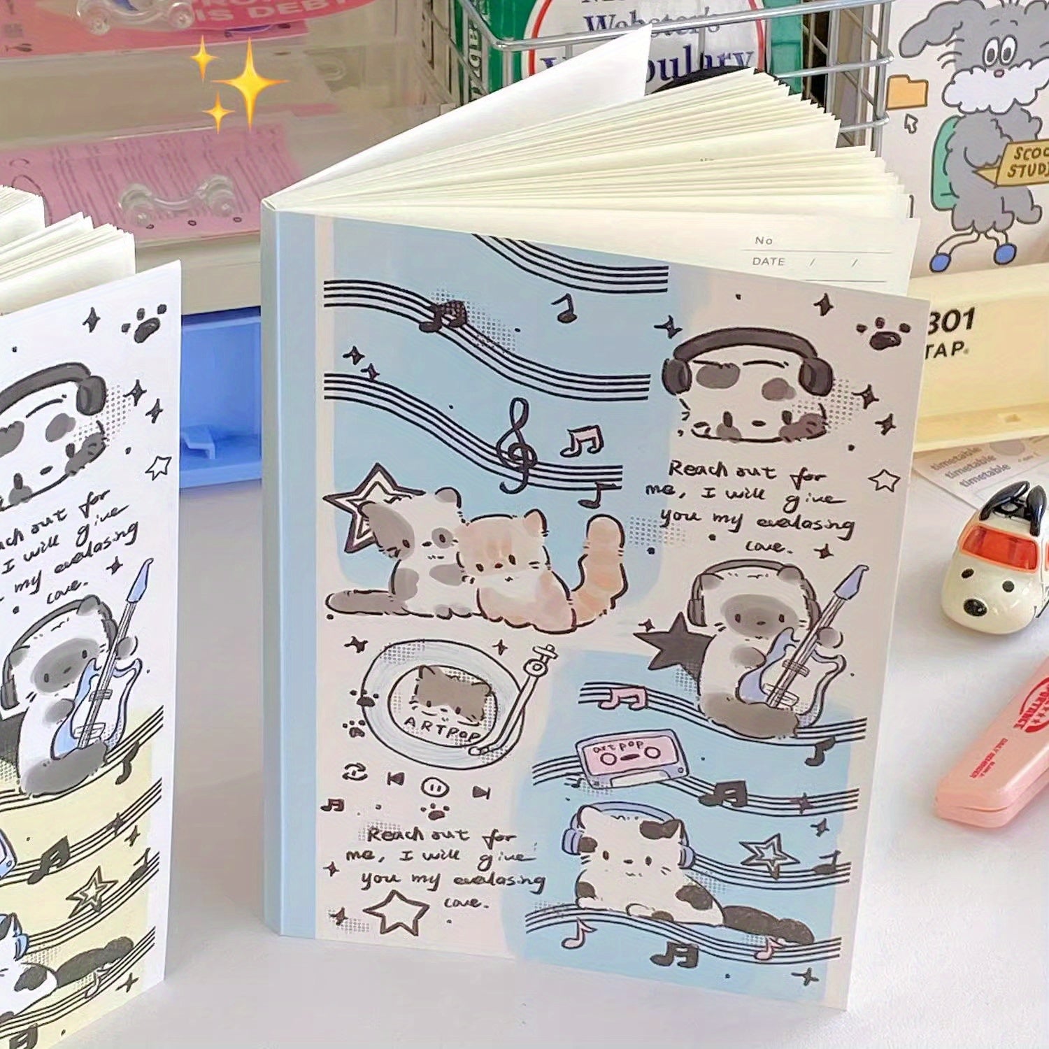 Horizontal Line Notebook Music Cat A5 Adhesive Bound Writing Book