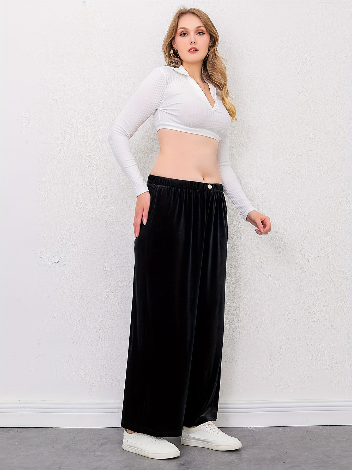  Velvet Wide Leg Trousers High Rise Slight Stretch