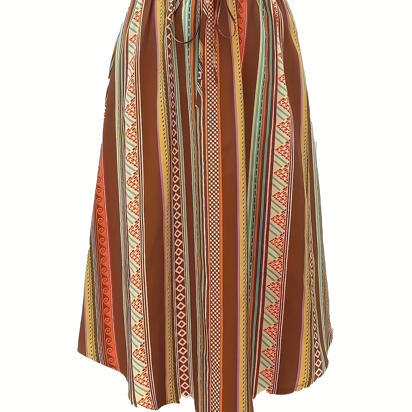  Boho Maxi Skirt Women's Tribal Striped Elastic Waist Pleated
