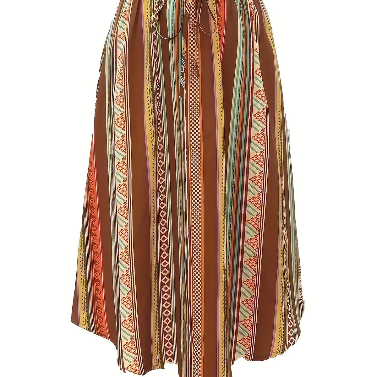  Boho Maxi Skirt Women's Tribal Striped Elastic Waist Pleated