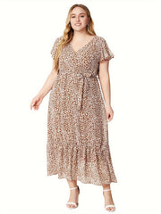  Ditsy Print Flutter Sleeve Maxi Dress With Belt