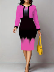  Colorblock Ombre Print Dress & Cardigan 2 Piece Set