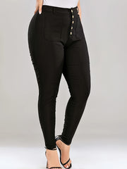 Solid High Waisted Button Skinny Pants Plus Size