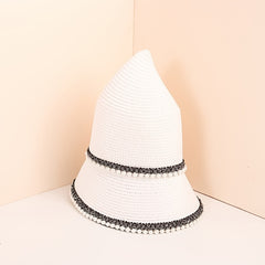 Faux Pearl Decor Sun Hat Flat Top Jazz Fedora Cap Women