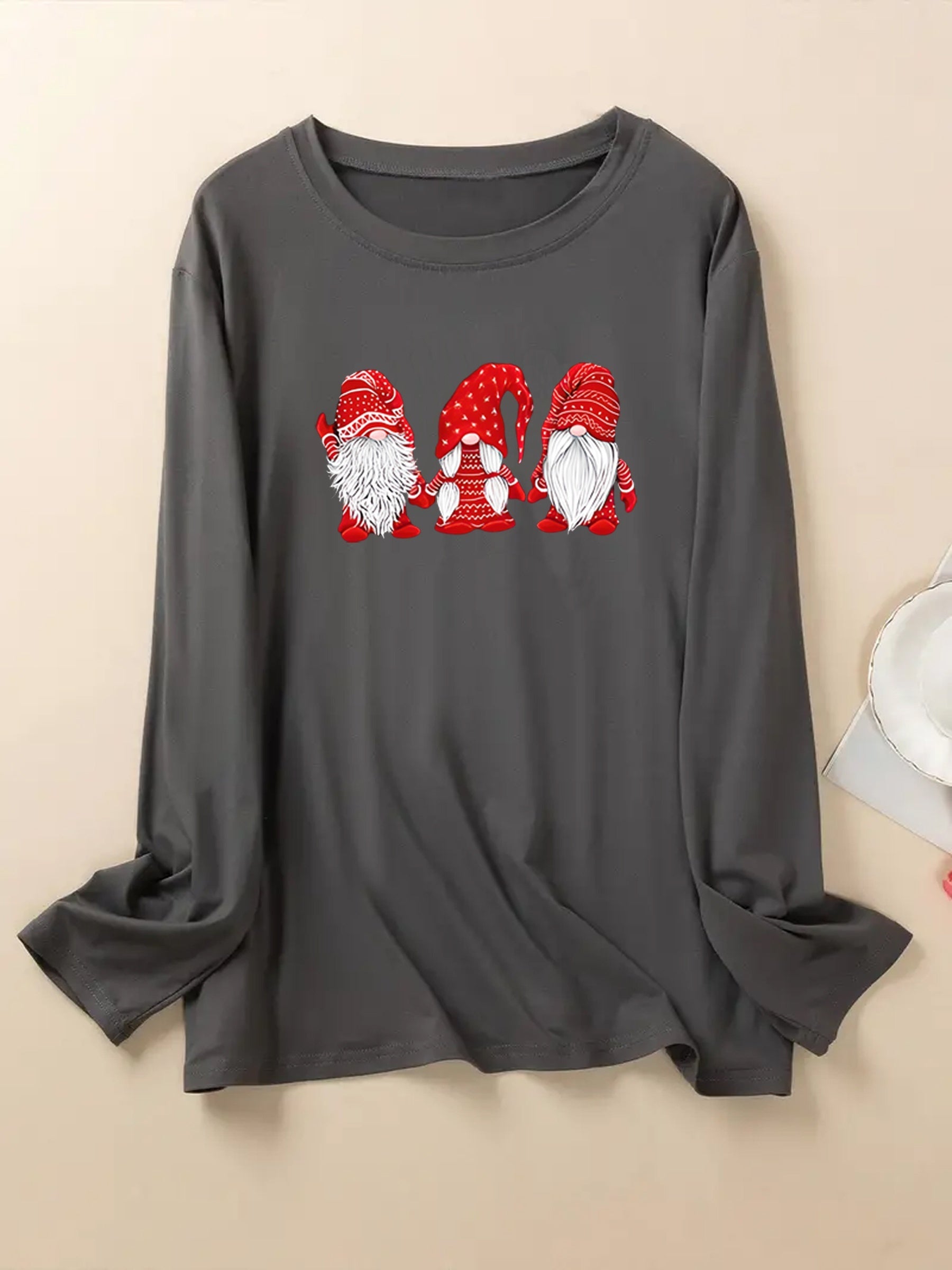  Christmas Casual Pajama Top Women's Plus Gnomes Print Long Sleeve Tee