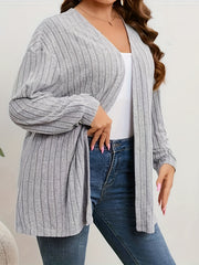  Solid Ribbed Long Sleeve Open Front Cardigan