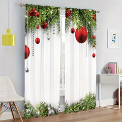 Christmas Red Ball Curtain Pine Leaves Rod Pocket Curtains