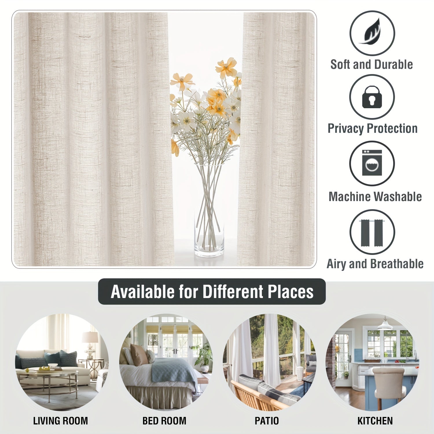 Light Filtering Linen Curtains Semi Sheer Drapes for Living Room