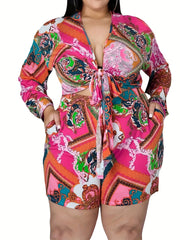 Boho Plus Size 2PC Set: Scarf Print Crop Top & Shorts