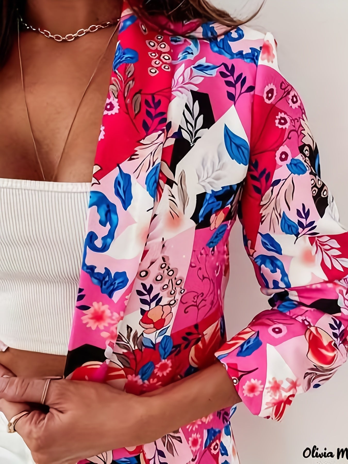  Floral Print Long Sleeve Lapel Collar Blazer