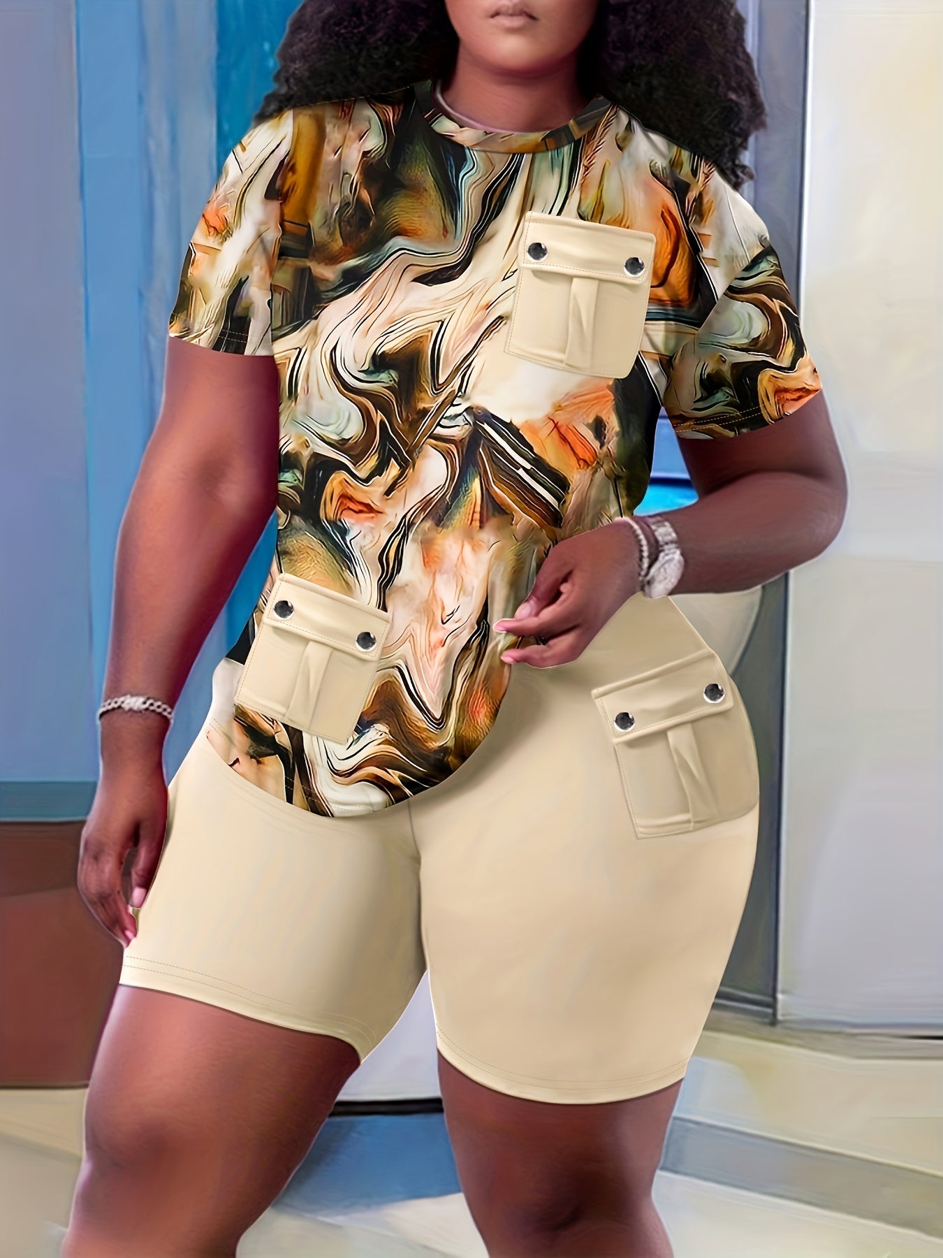 Women's Plus Tie Dye Tee & Biker Shorts Set