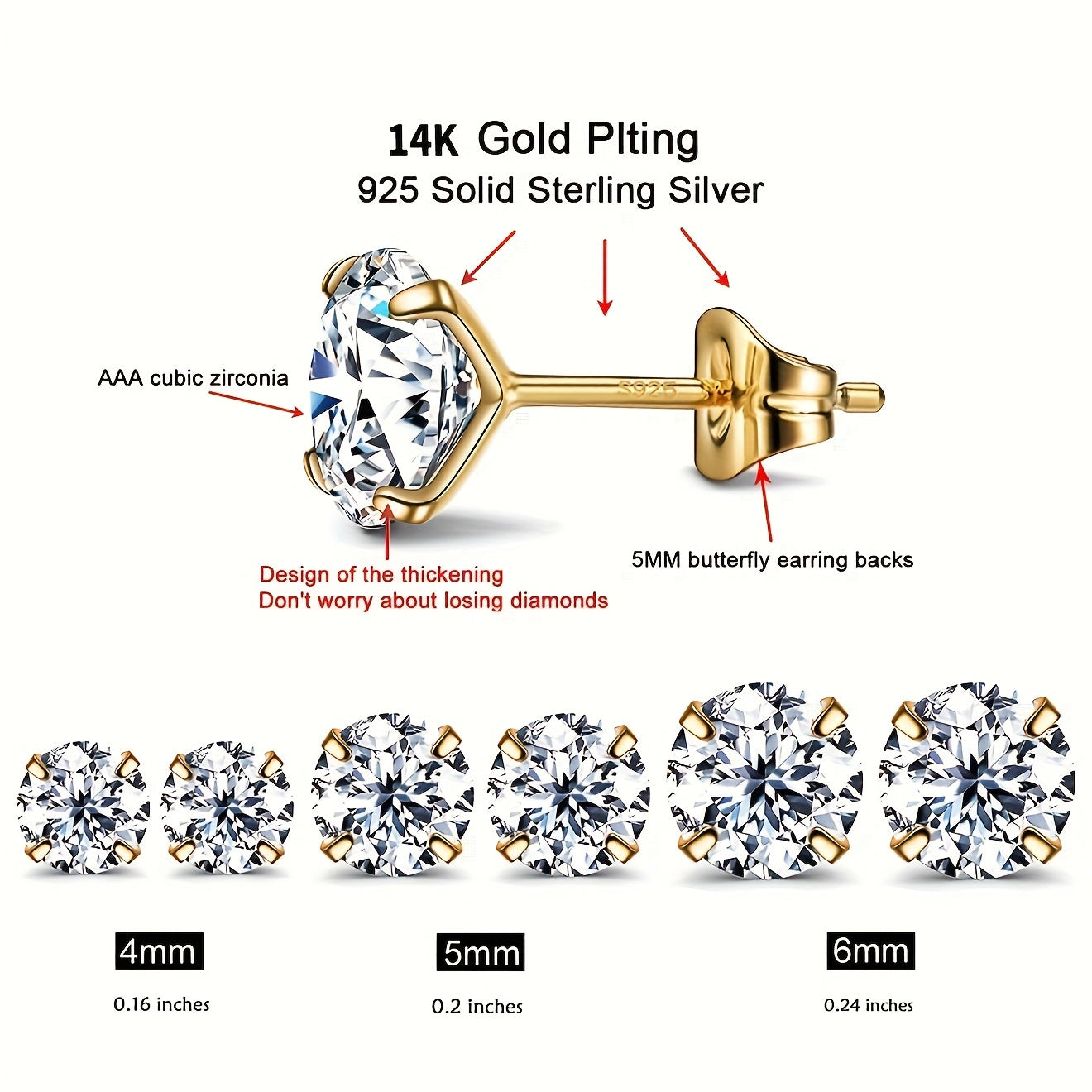 3pcs 925 Silver Stud Earrings Set For Women 4mm 5mm 6mm Gift