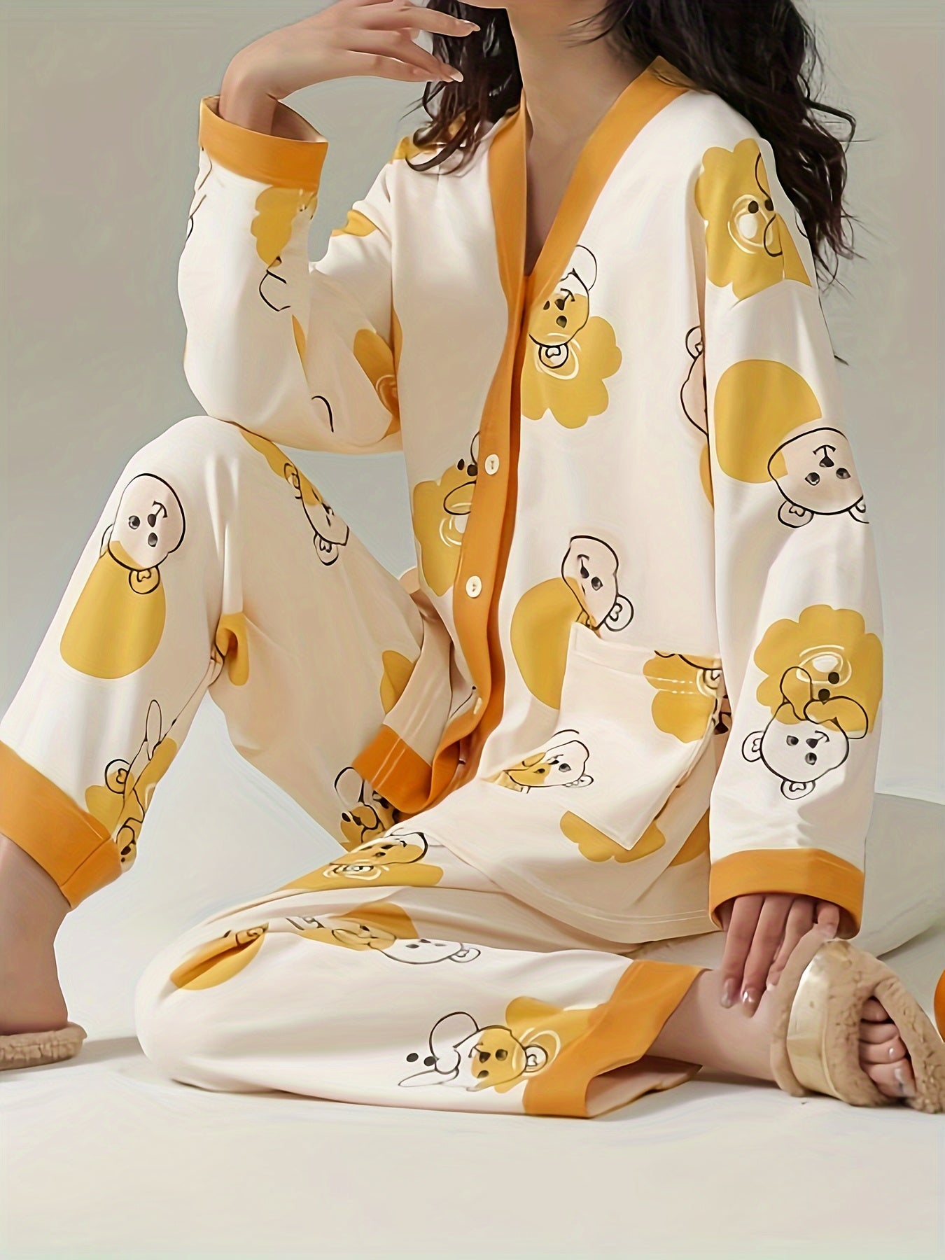 Bear Print Pajama Set Long Sleeve Top & Pants Women's Sleepwear