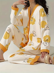 Bear Print Pajama Set Long Sleeve Top & Pants Women's Sleepwear