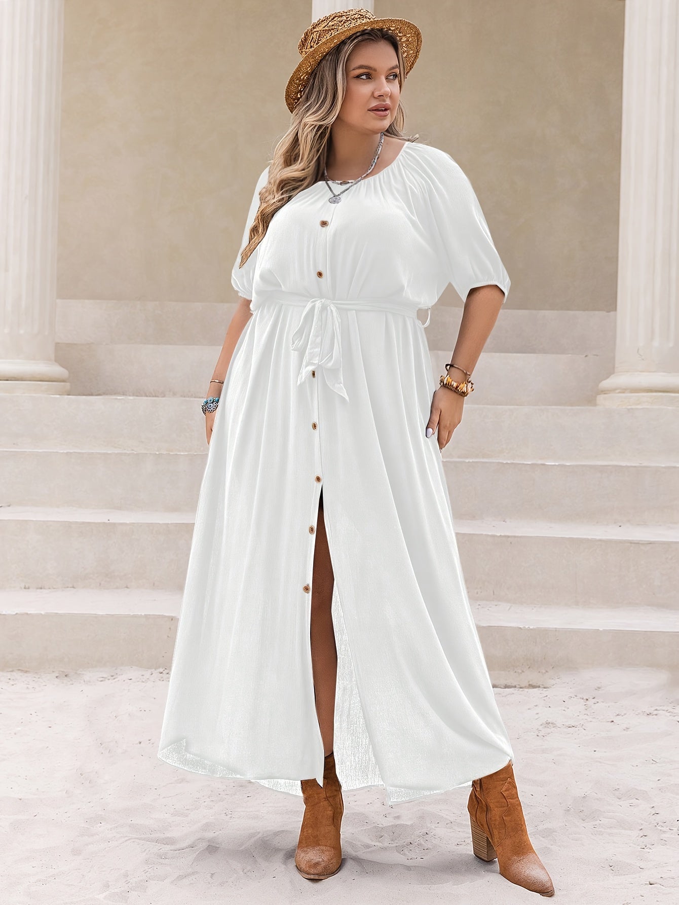  Casual Dress Women's Plus Solid Button Up Short Sleeve