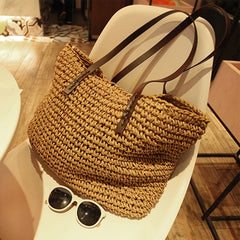 Women's Straw Tote Bag Large Zipper Foldable for Travel
