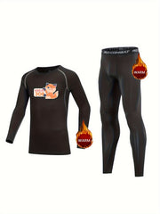 Kids Fox Pattern Fleece Sets Crew Neck Pullover & Elastic Waist Pants