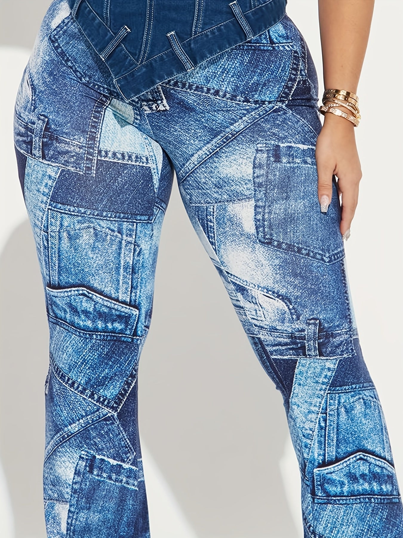 Women's Plus Denim Print High Rise Straight Leg Pants