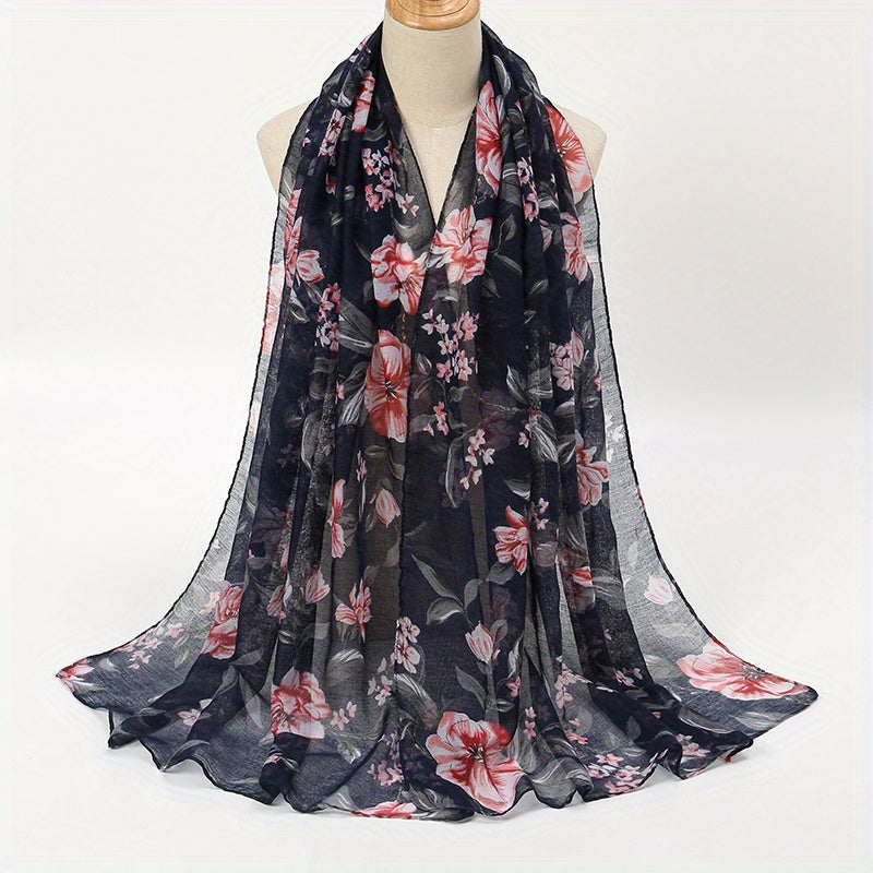 Vintage Voile Flower Print Scarf Classic Windproof Shawl Head Wrap